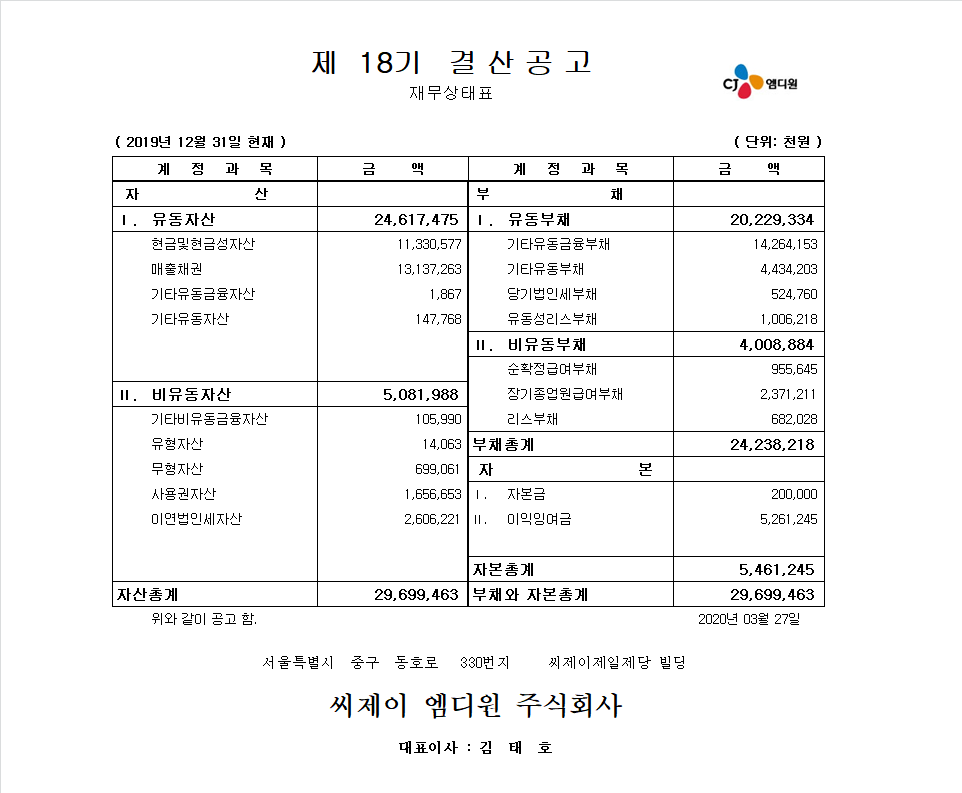 씨제이 엠디원 주식회사 제18기 결산공고 자세한 내용은 PDF 첨부 파일 참고